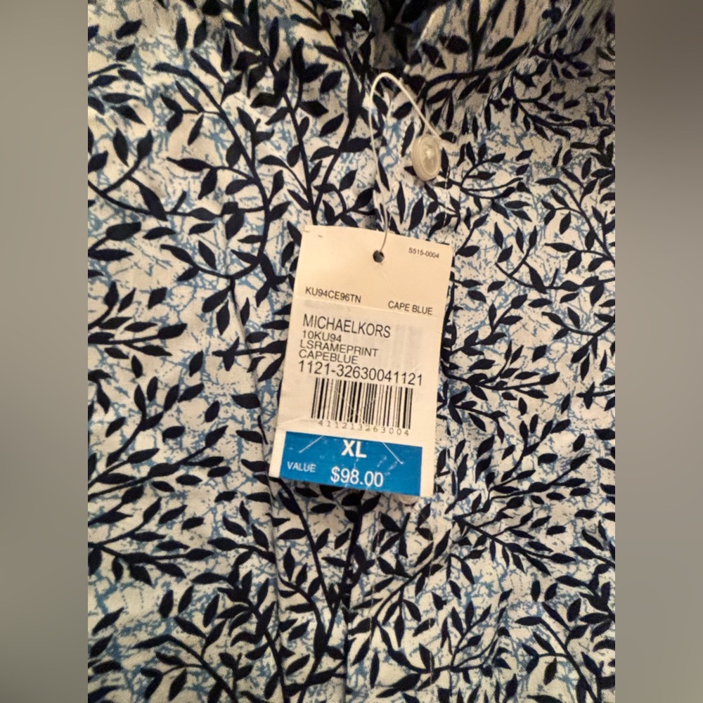 Michael Kors Navy and White Leaf Print Shirt